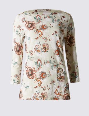 Pure Cotton Slim Fit Floral Print with Shoulder Button Detail Top